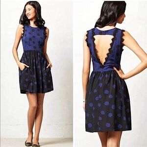 Corey Lynn Calter Navy Blue Polka Dot Split Level Lace Trim Dress 8